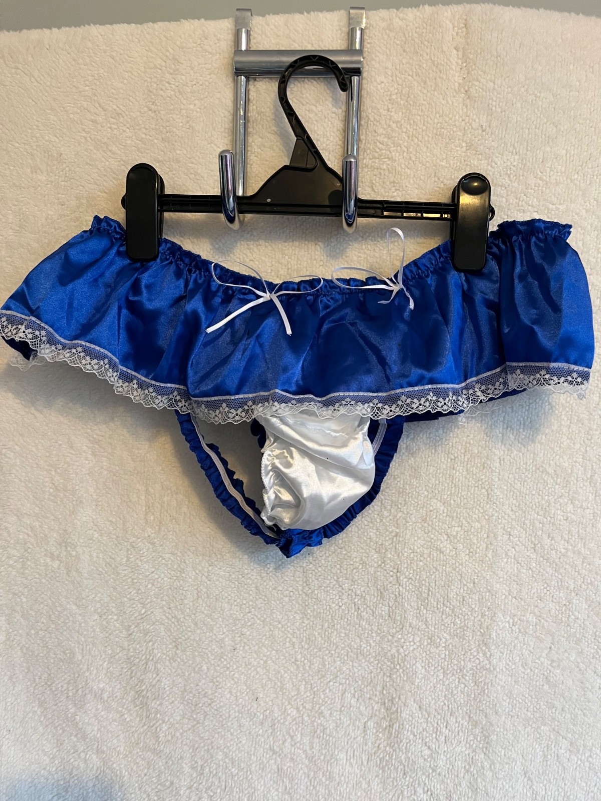 Cute Blue & White Frilly Satin G String Pouch Panties Sissy CD TV 38” – 50”