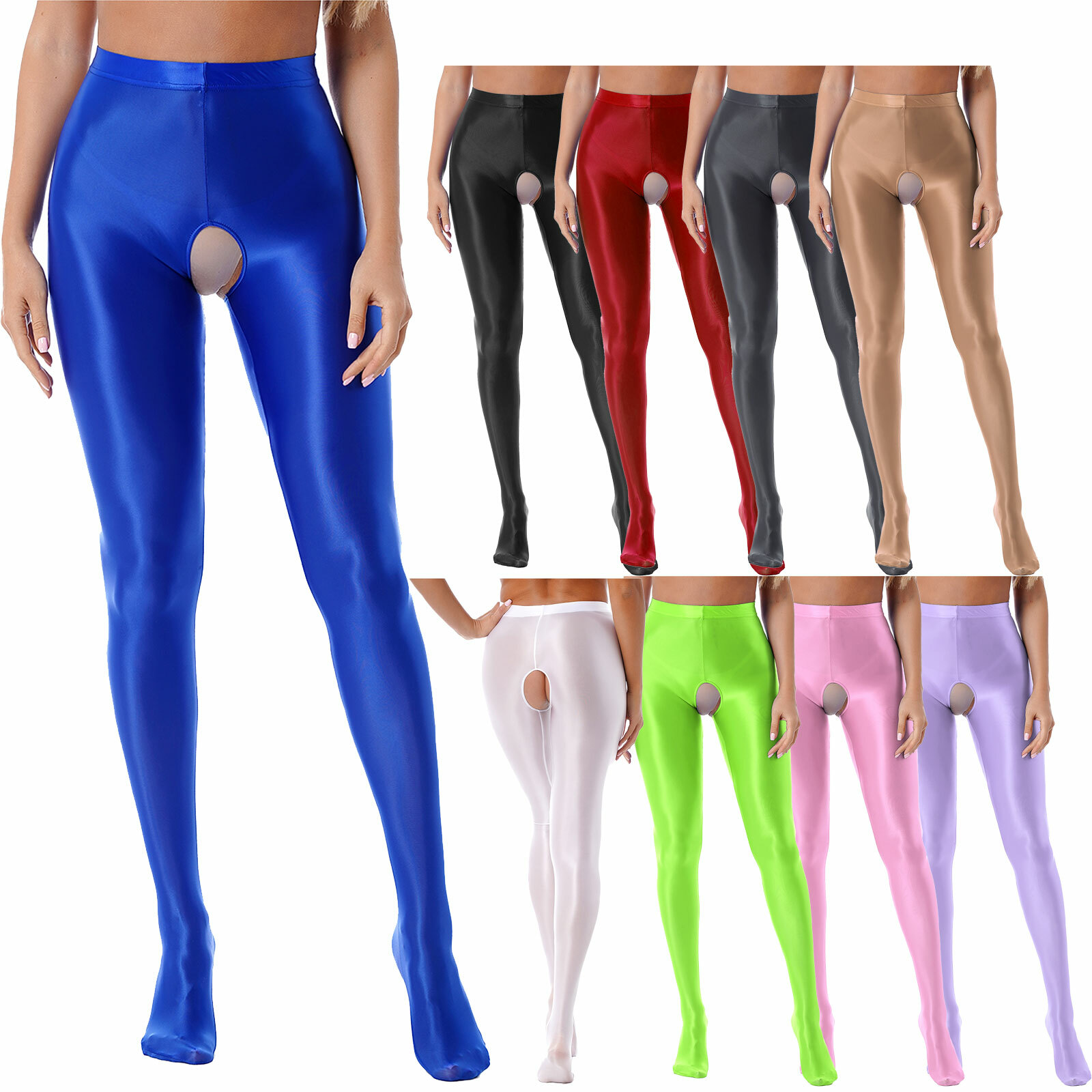 US Women Glossy Stain Crotchless Pantyhose Stretchy Tights Dance Lingerie Trouse