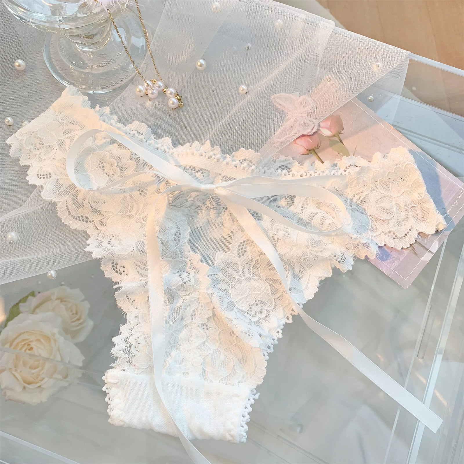 Low Waist Lace Panties Bow Detail Women’s Mesh Cotton Lined Breathable Underwear