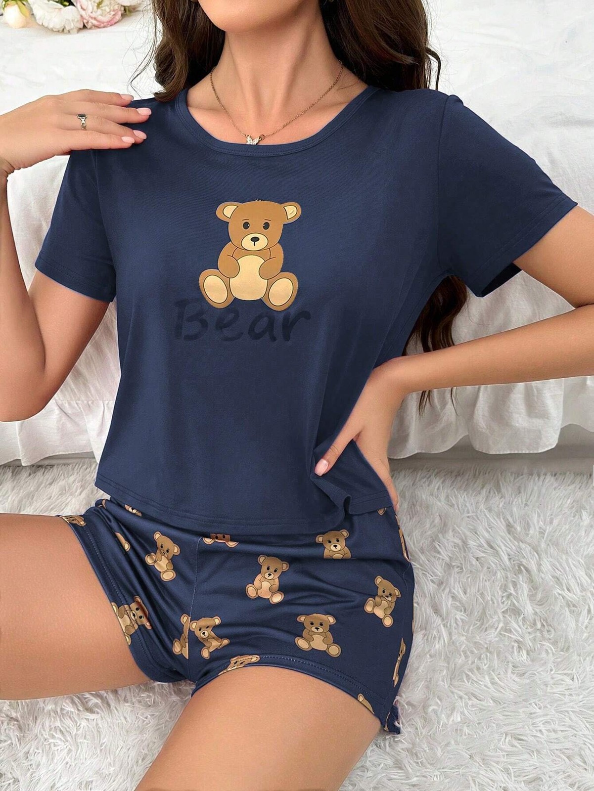 Comfy Plus Size Bear Print Short Sleeve T Shirt and Shorts Pyjama Set Cheap24