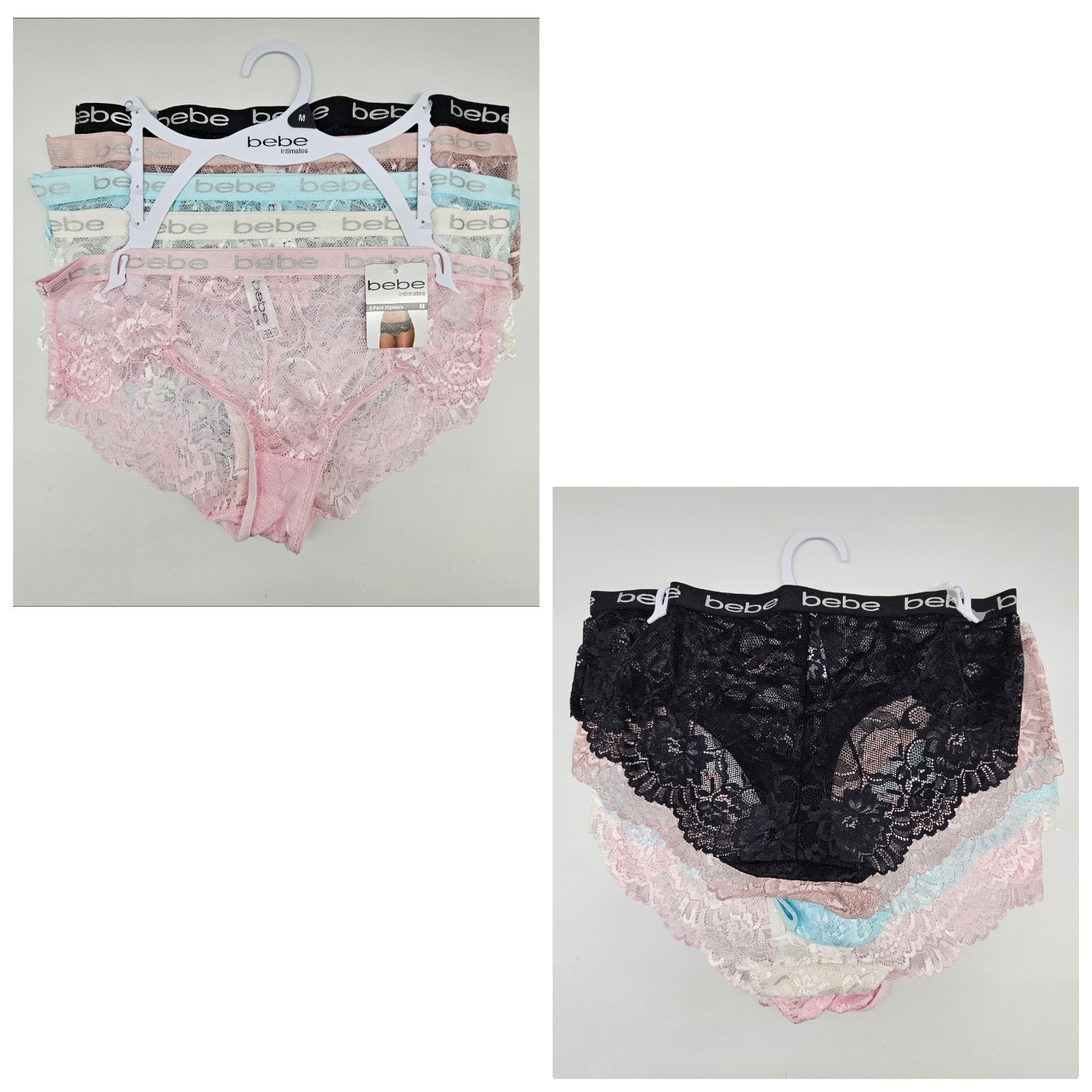 BEBE 5 Pack Women’s M L XL Lace Hipster Panties Black Beige Blue Cream Pink