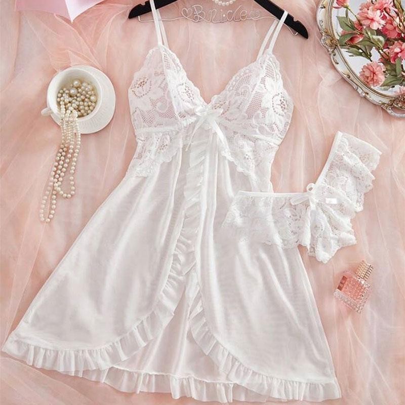 Women Sexy Sleepwear Set V Neck Nightdress Bra Panty Pajamas Lingerie