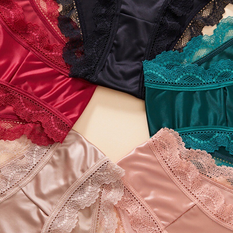 5PCS/LOT Sexy Womens Satin Panties Briefs Lace Trim Underwear Lingeries Hipster