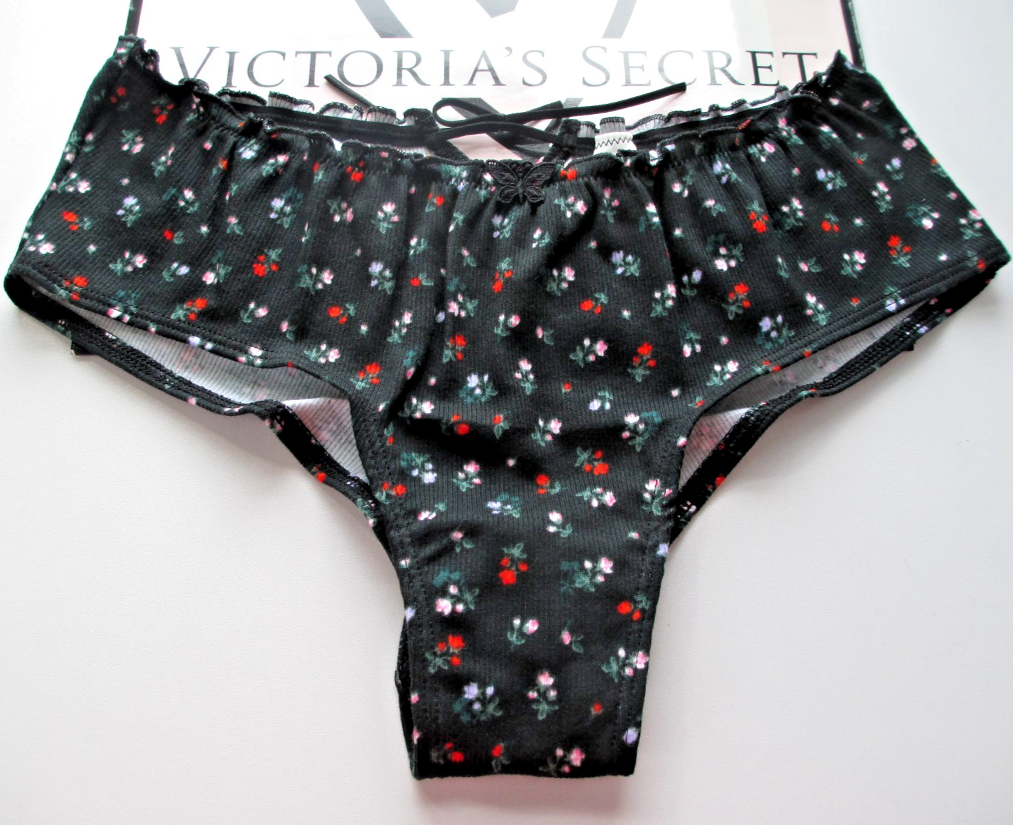 VICTORIA’S SECRET PINK Cotton Cheeky Panty S L Floral Black Ruffle Tie Bow VS