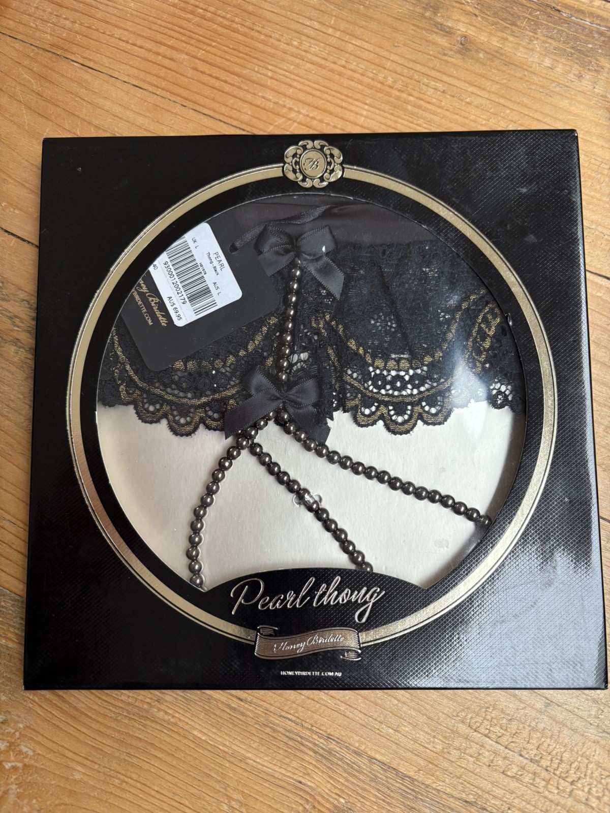 New Rare Vintage Honey Birdette Black & Gold Pearl Thong Size Large New In Box