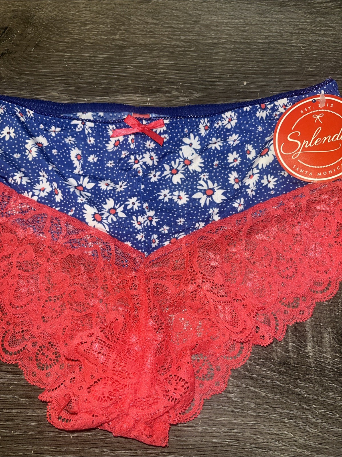 Splendies-Firecracker Boyshorts-Blue W/Floral Print-Red Lace Bottom+Red Bow-Sz-L