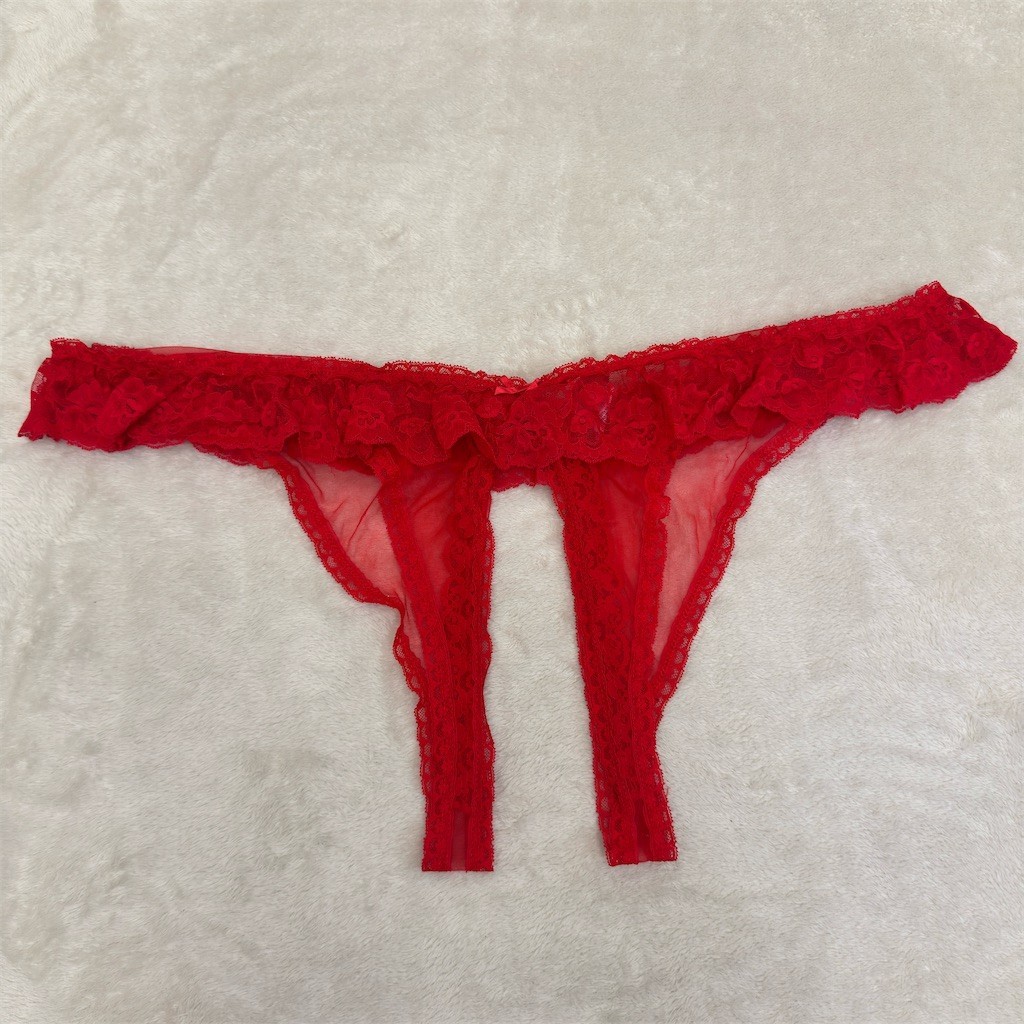 Intimate Attitudes Thong Panty Womens 2XL Red Lace Open Crotch Sheer Bow NEW!