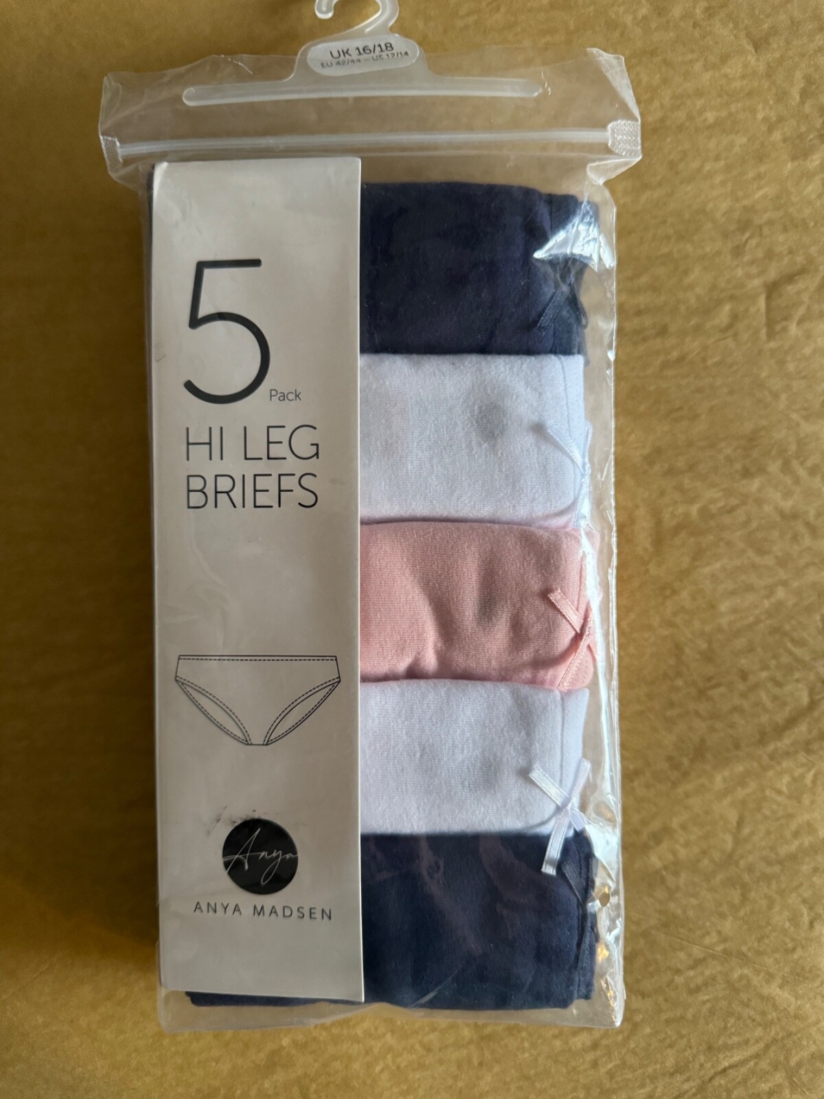 Womens High Leg Knickers, Size 12/14, Pack of 5 Briefs, Navy Blue, White, Pink