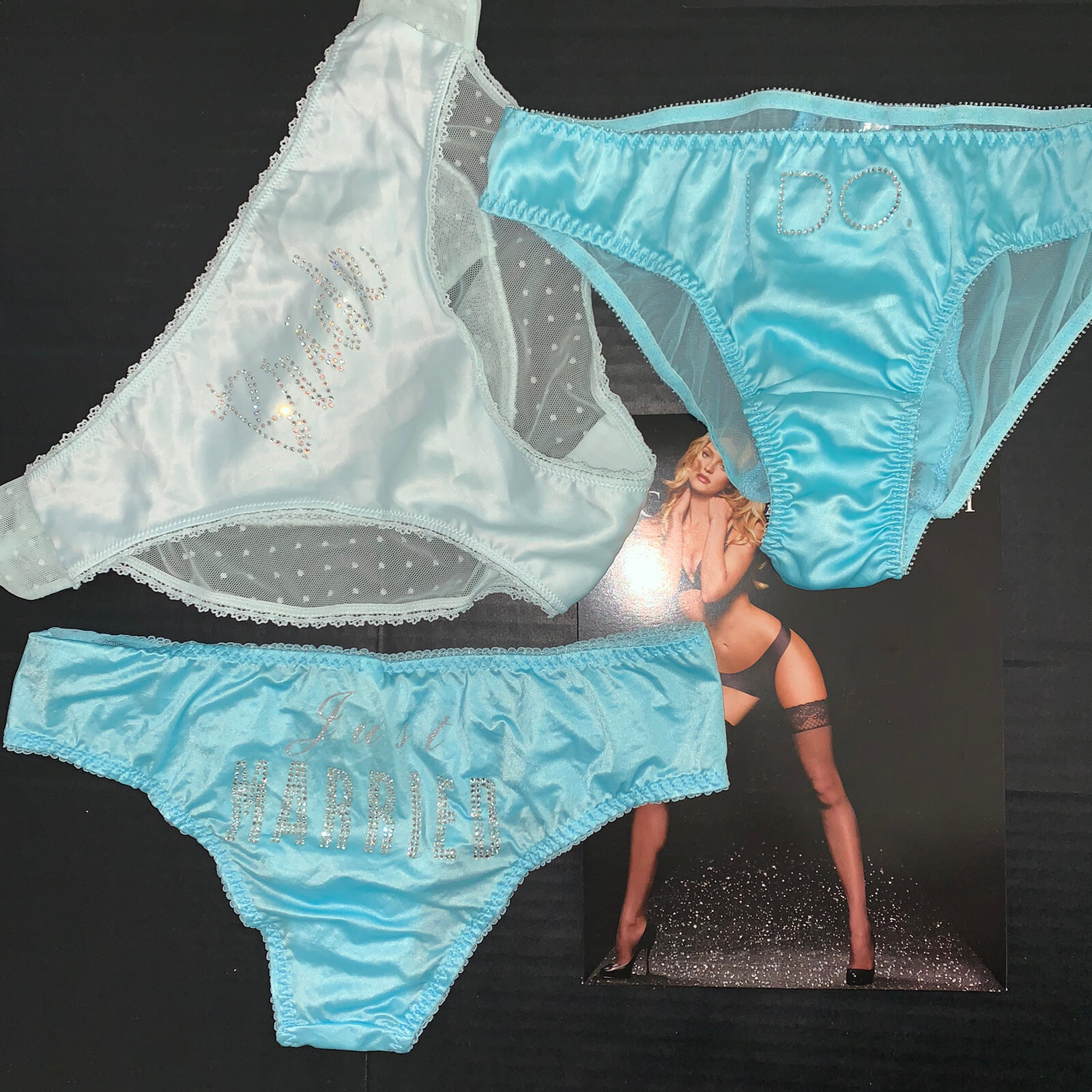 Victoria’s Secret S PANTY lot blue Mint I DO BRIDE JUST MARRIED crystals BRIDAL
