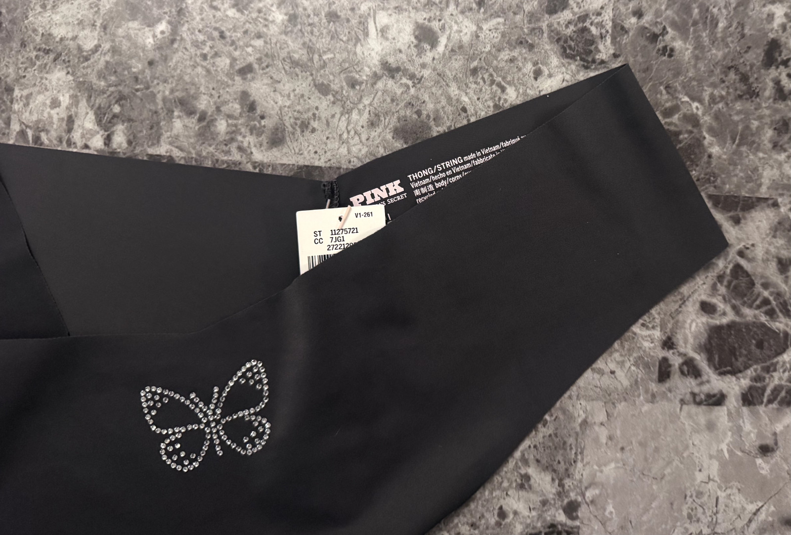 VICTORIA’S SECRET PINK GRAY SILVER RHINESTONE BUTTERFLY NO SHOW THONG PANTIES