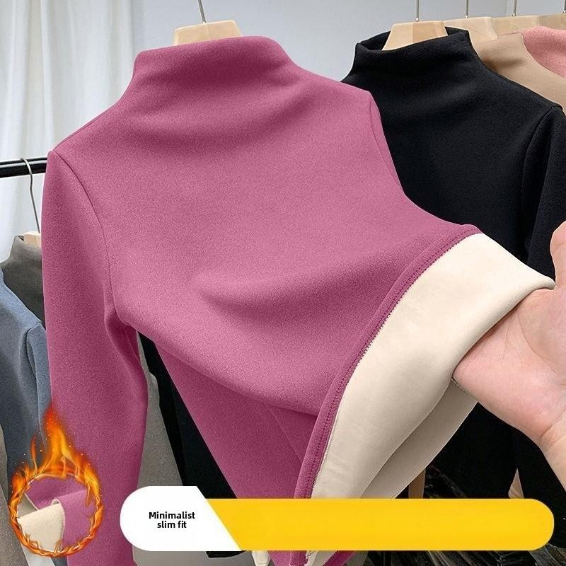 WomenThermalUnderwearWinterHalfHighCollarTopBottomShirtSolidWarmLayerSemiHigh