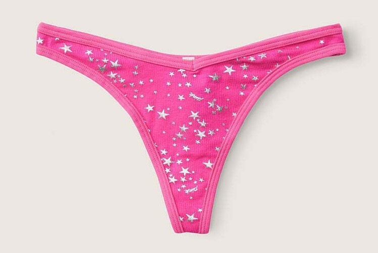 Victoria’s Secret PINK Sexy Thong String V-Cut LOGO Pink w/Silver Stars M NWT