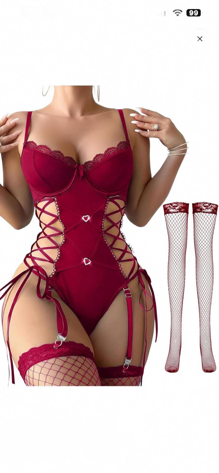 Women’s Burgundy Lace-Up Lingerie Bodysuit with Fishnet Stockings