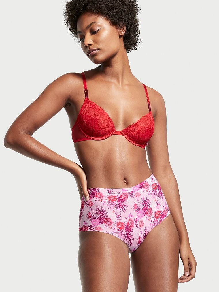 XL Pink Bunny Floral NO SHOW Edges Victorias Secret High Waist Midi Brief Pantie