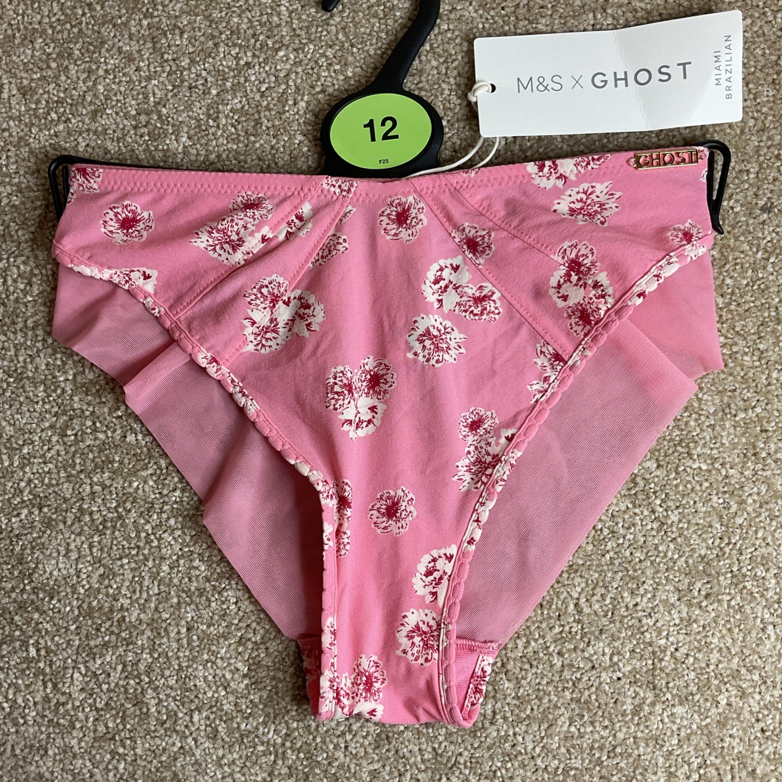 M&S Size 12 X Ghost Pretty Miami Brazilian Knickers Pink Mix Floral Soft
