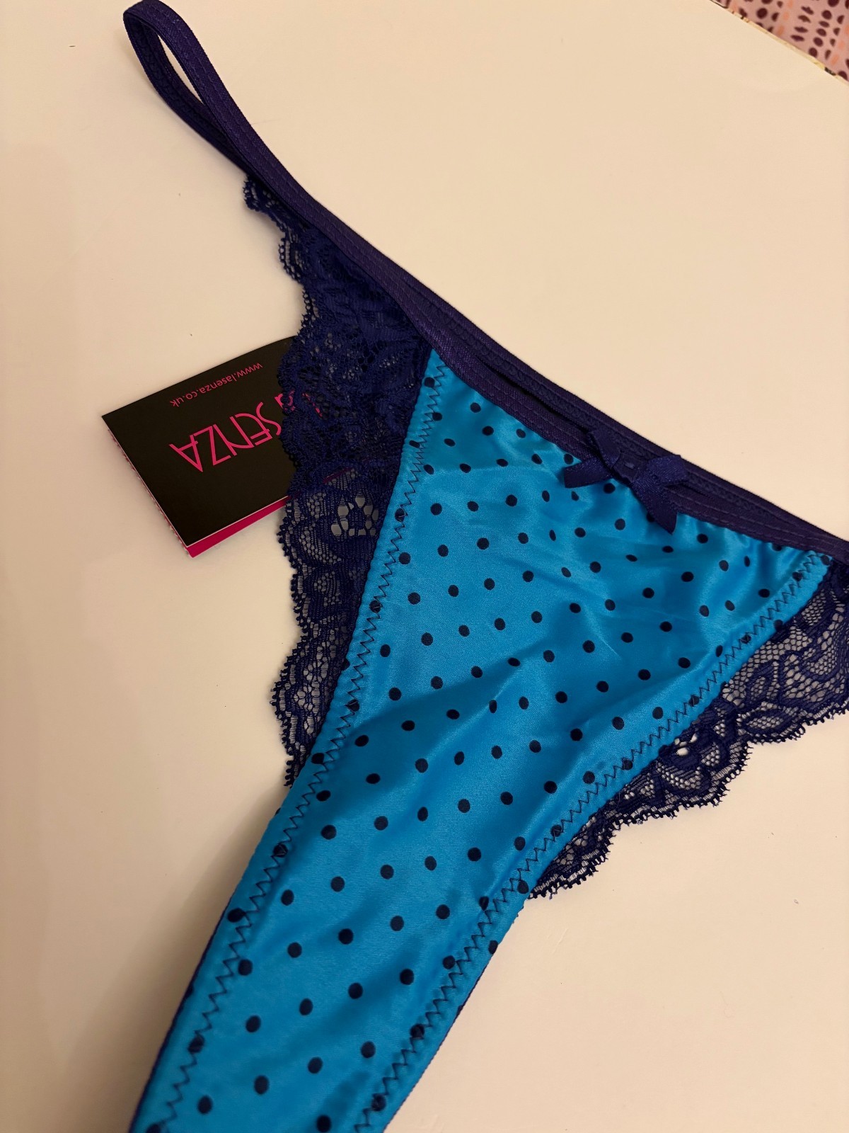 Bnwt La Senza Satin Lace Thong 8 10 12 14 16 Navy Turquoise Spot Print