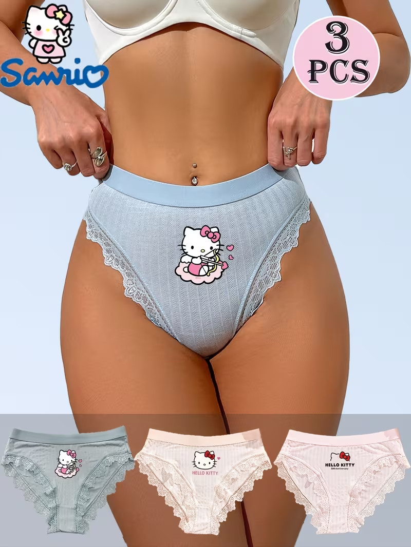 Women’s Sanrio Hello Kitty Kawaii Lace Bikini Panties – Pack of 3 ASIAN SIZiNG