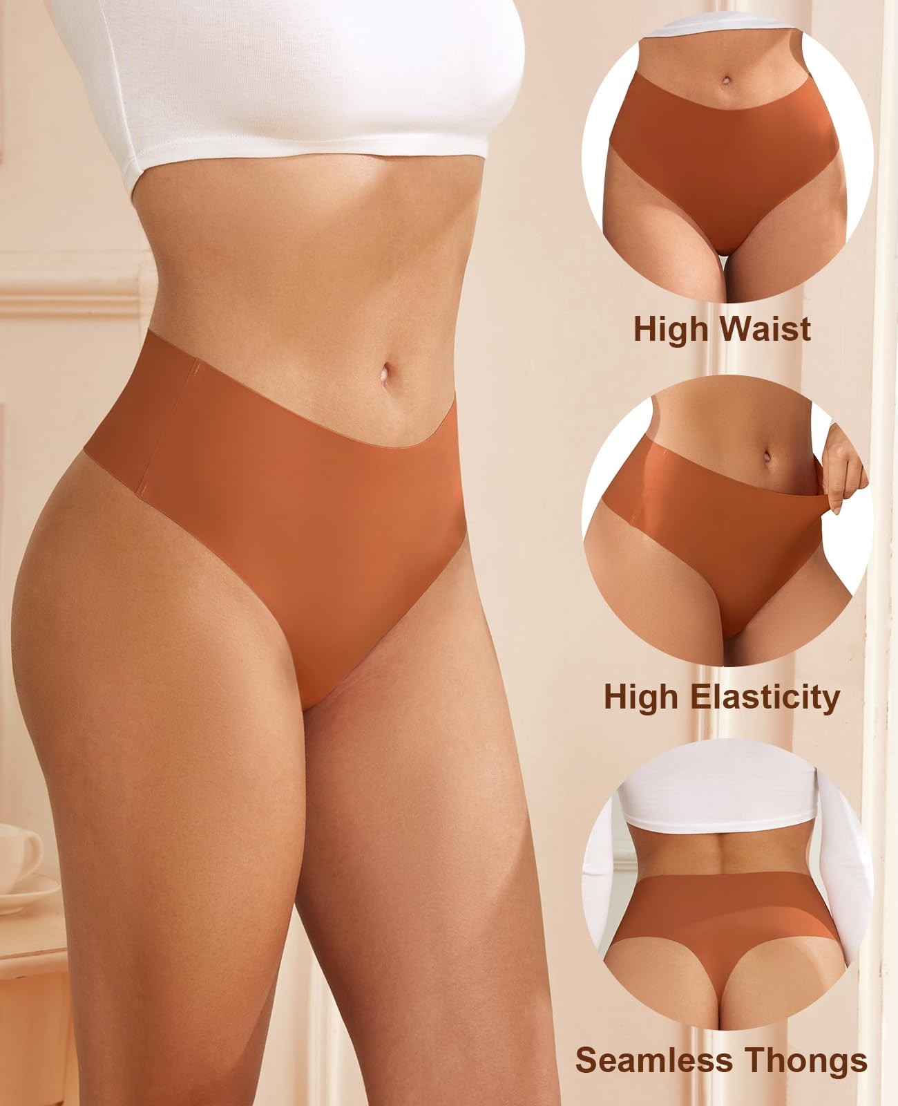 oshkang Women’s No Show Thongs High Waisted Seamless Women Underwear Sexy 6PK-M