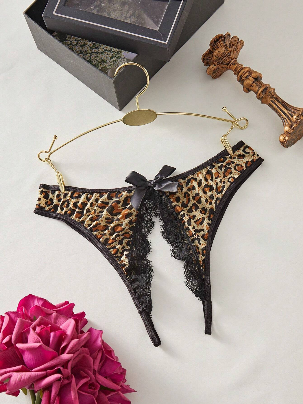 Women’s Leopard Black Front Hole Open Back Backless Sexy Sissy Bikini Panty