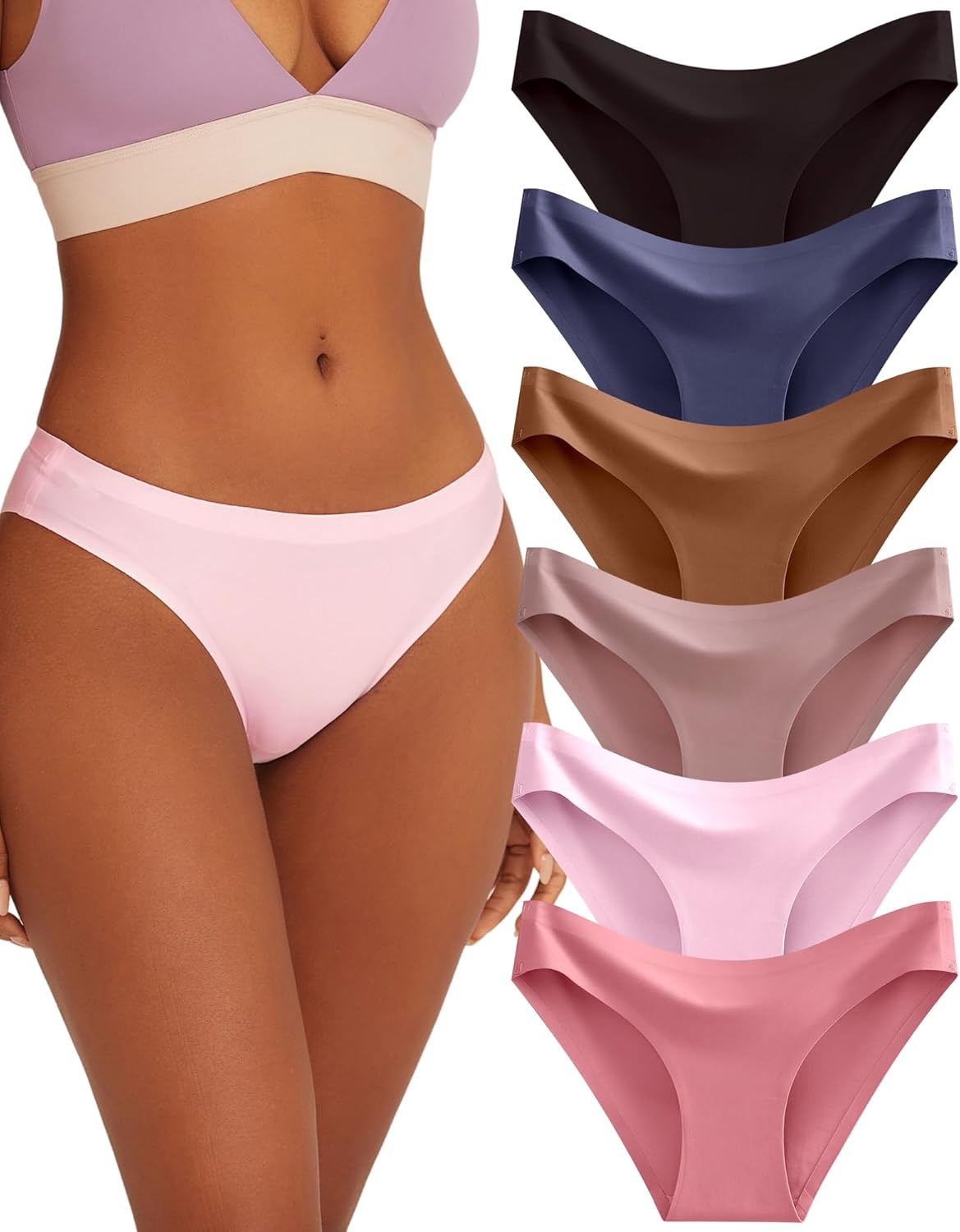 6 Pack Women’s Seamless Hipster No Show Underwear Soft Stretch Bikini Briefs
