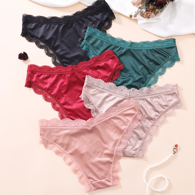 5PCS/LOT Sexy Womens Satin Panties Briefs Lace Trim Underwear Lingeries Hipster