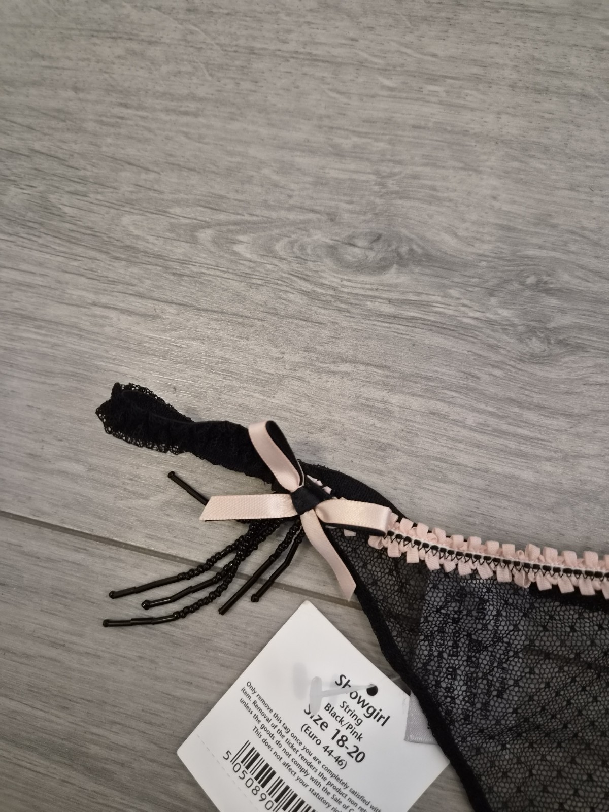 BNWT Vintage Ann Summers Sheer Black & Pink Showgirl Beaded Thong Size 18-20
