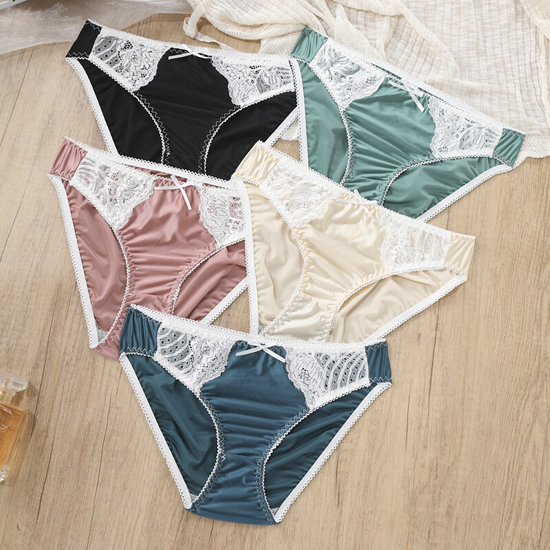 5PCS/LOT Ladies Womens Sexy Satin Panties Underwear Low Rise Lace Brief Intimate