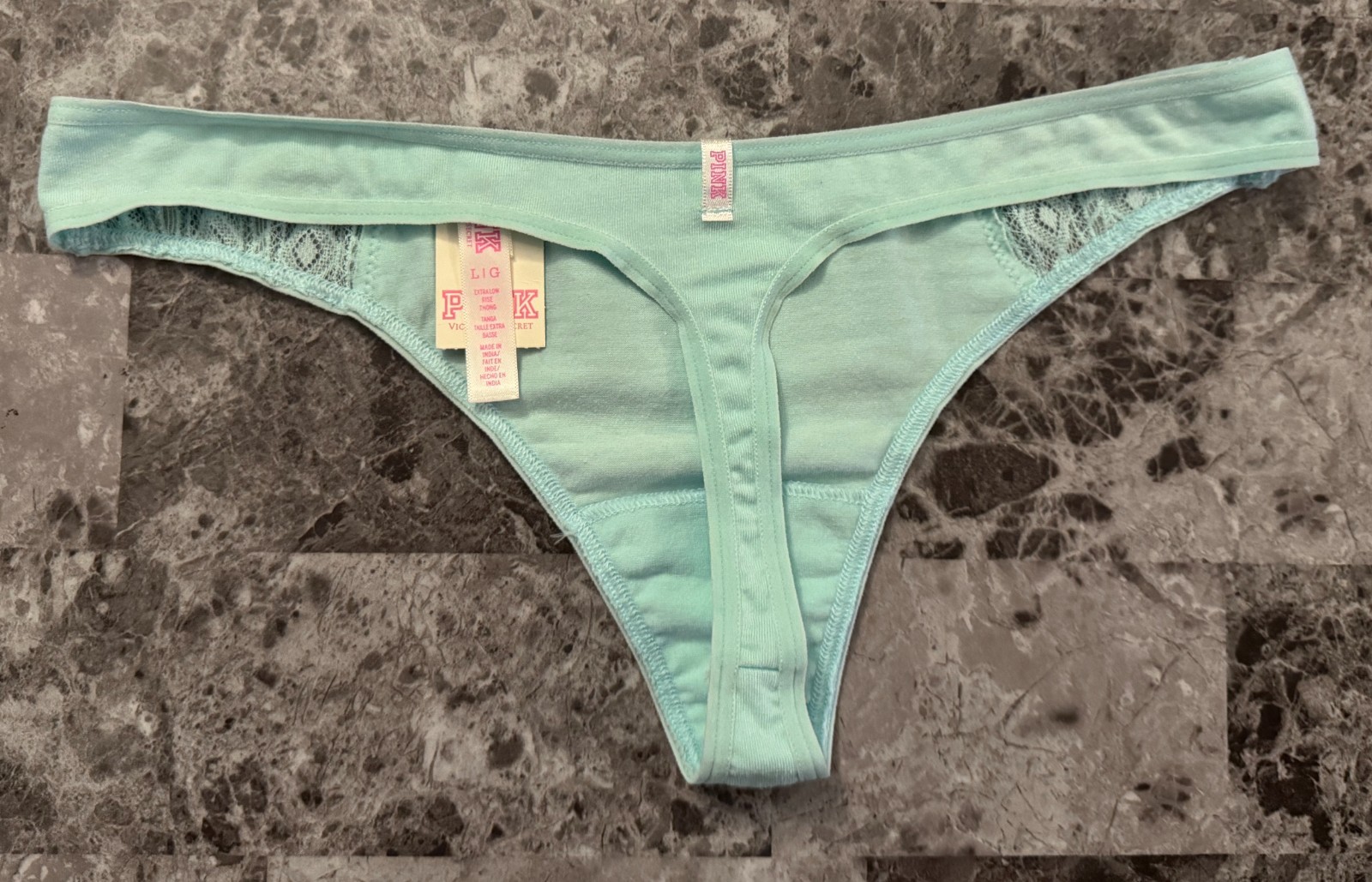 NWT VICTORIA’S SECRET PINK LARGE AQUA GEO LACE RARE THONG PANTIES *RUNS SMALL*