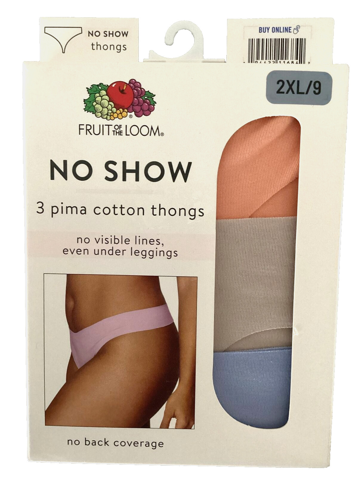 Women’s FRUIT OF THE LOOM 3-Pair NO SHOW PIMA COTTON Thongs Panties Sz. 2XL/9*
