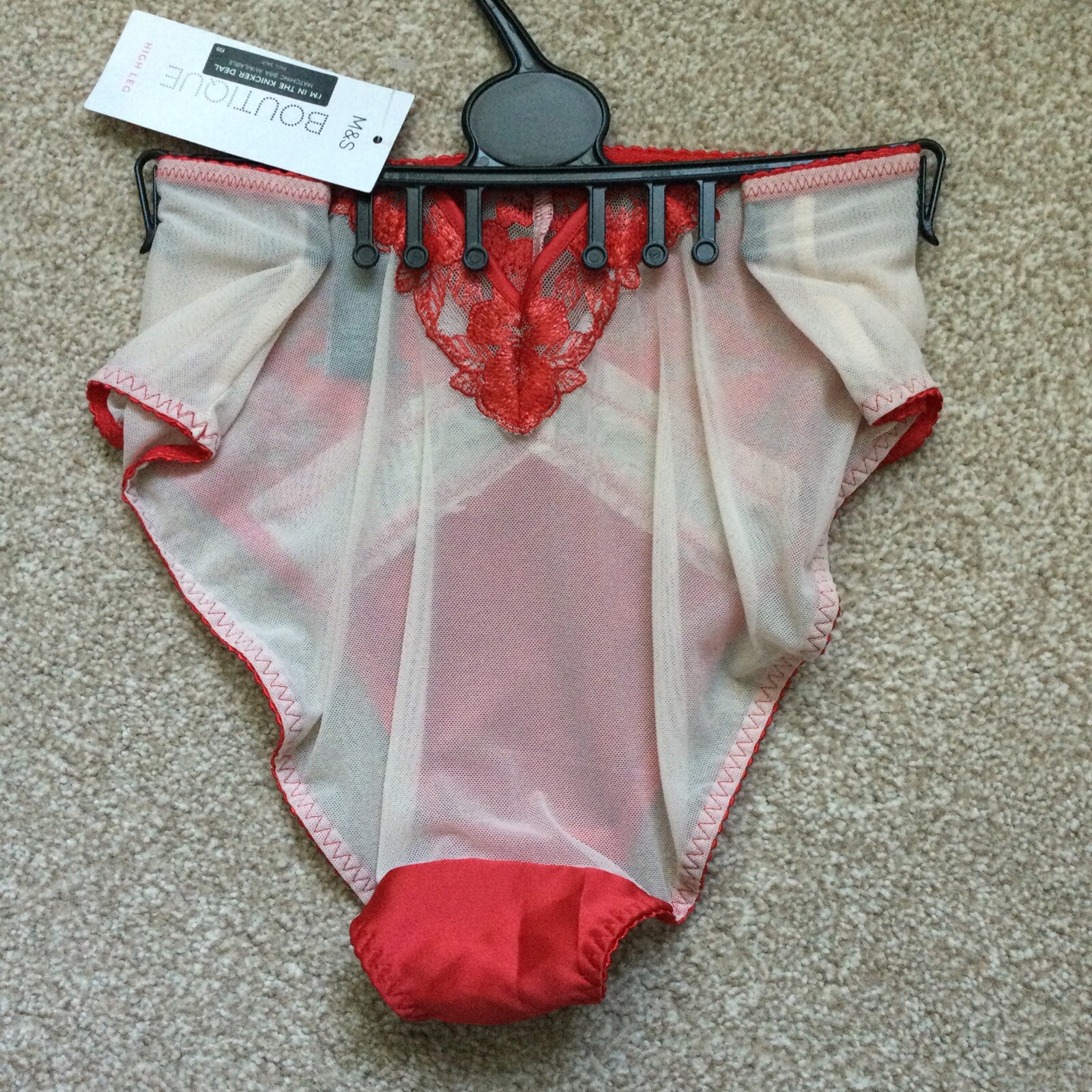 M&S Size 10 Boutique Layla Embroidered High Leg Knickers Red Cream Satin Mesh