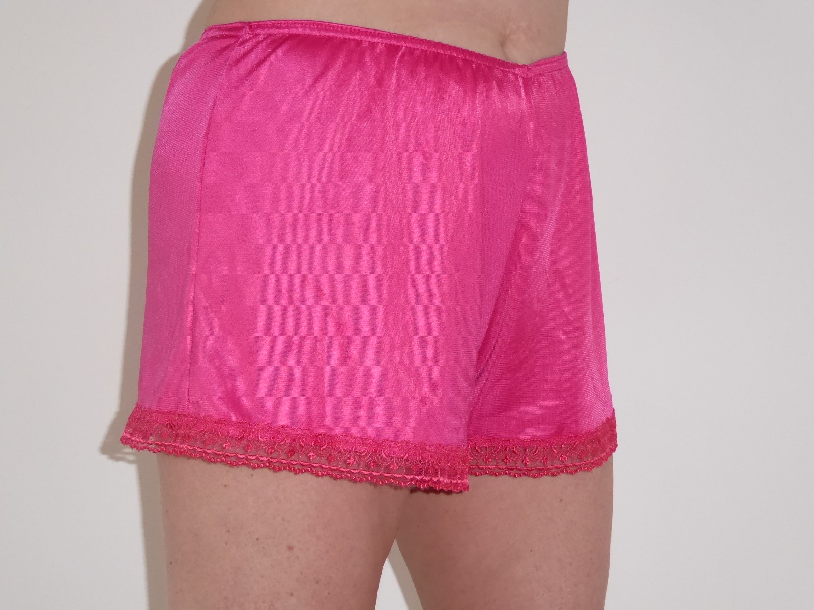 Cerise Satin French Knickers 10/12 in Simplex Nylon with Cerise Lace