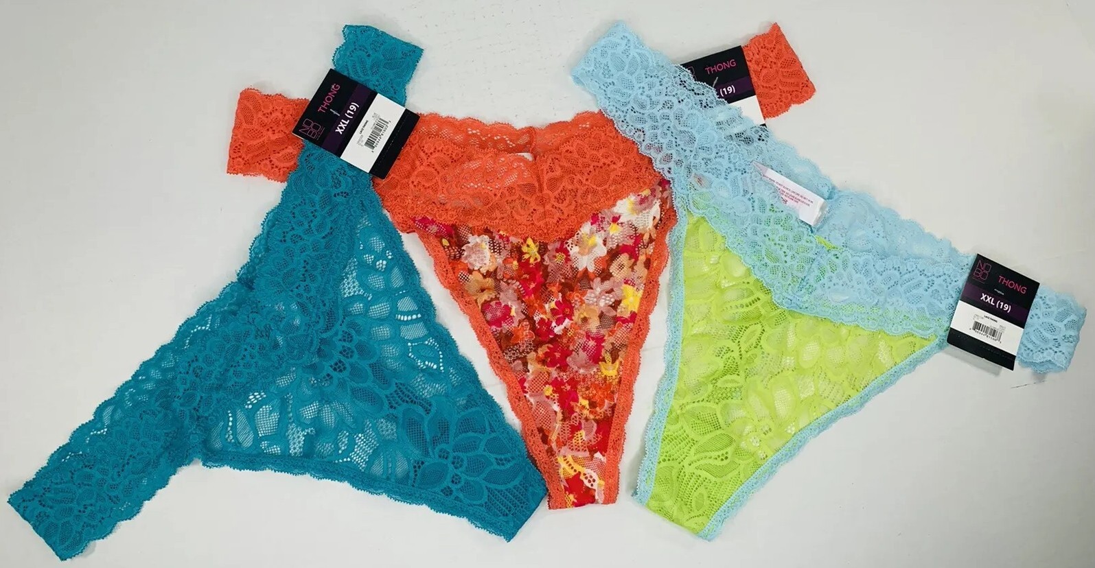 Lot of 3 NWT No Boundaries Lace Thong Panties XXL (19) Blue/Green, Orange & Teal