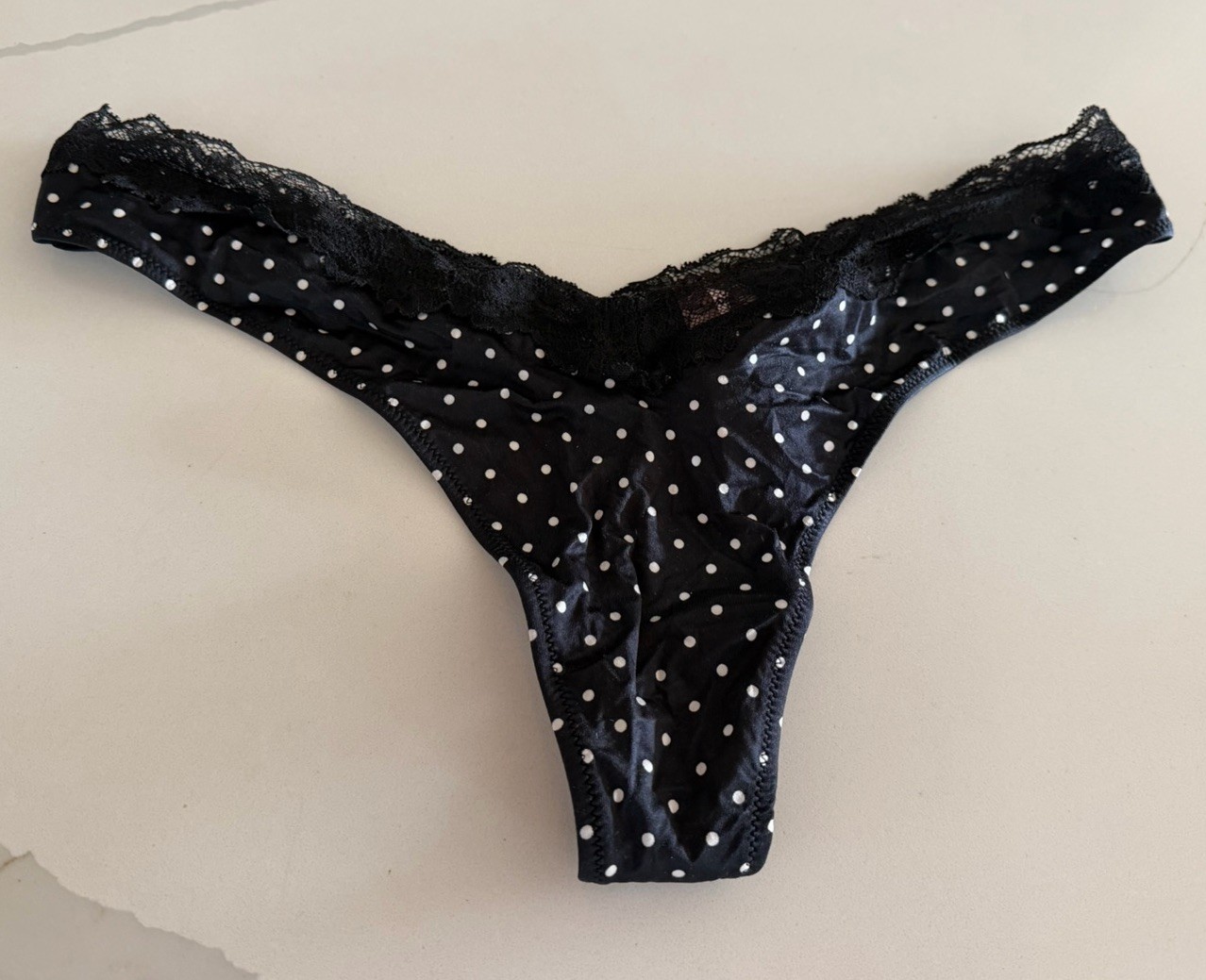 Victorias Secret VS White Polka Dot Black Satin & Lace Thong Panty Large NWT