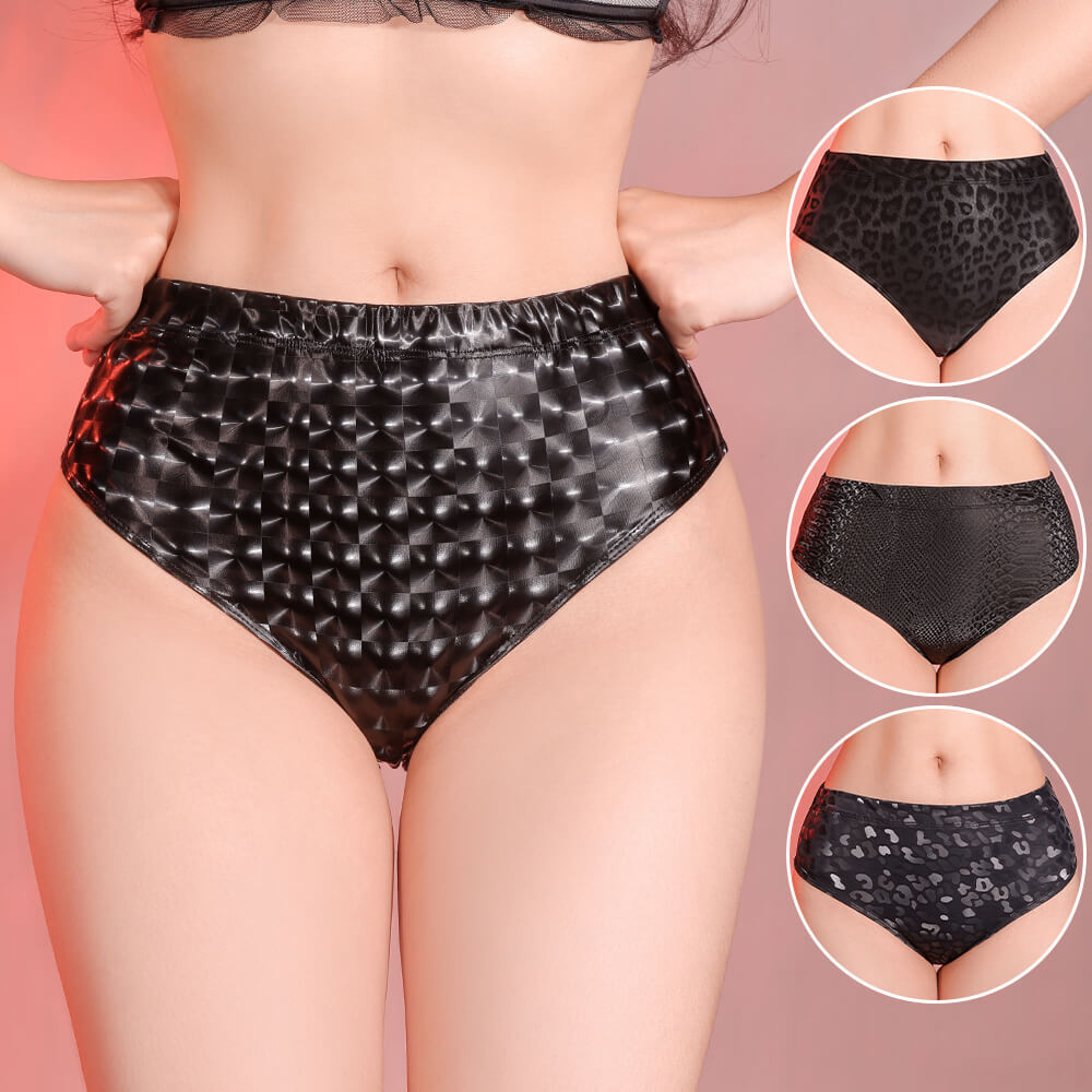 Womens Animal Print Lingerie Shiny Leather-Look Briefs Underwear Hipster Panties