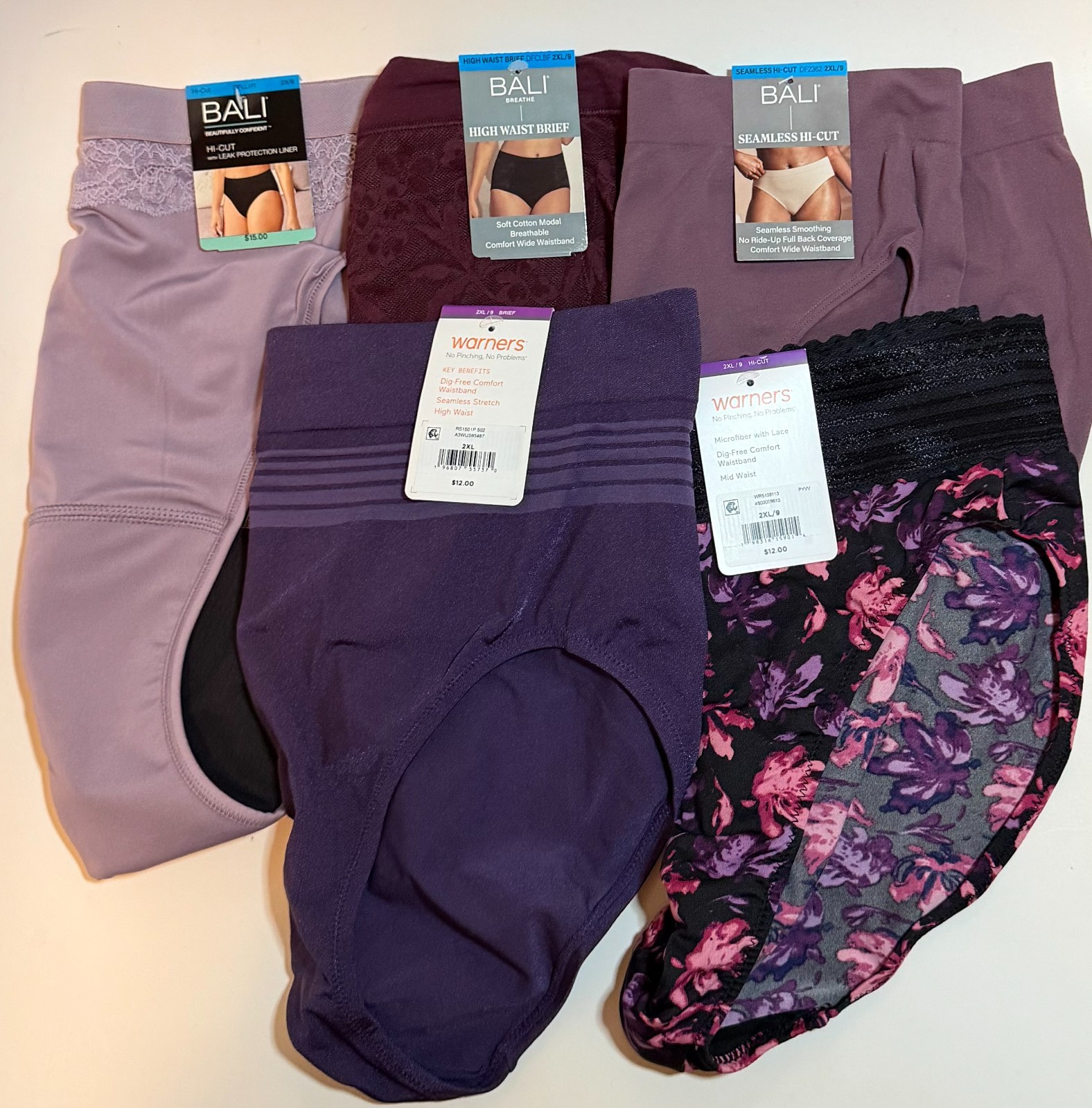 NWT 5 Mixed Lot Hi-Cut or Brief Panties Bali Warner’s Size 9/2XL