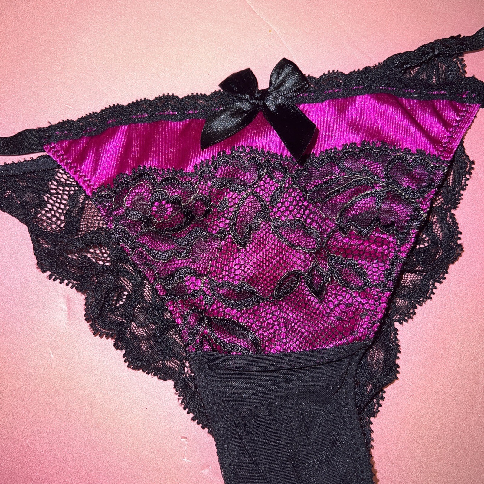 Victoria’s Secret S Panty Satin Magenta Pink Black lace Gold VERY SEXY SEDUCTION