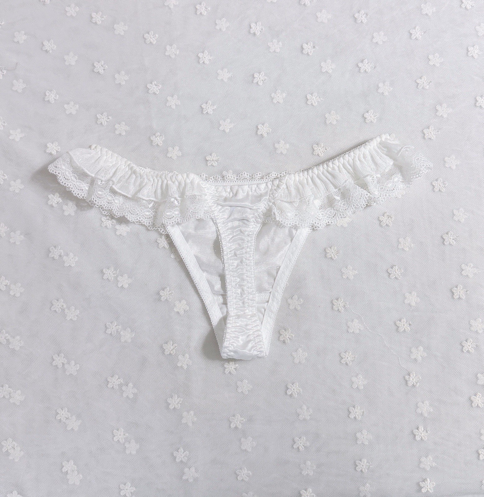 US-S Japanese Brand Satin Bow Glittery Chiffon Trim Lace Ruffle Nylon Thong