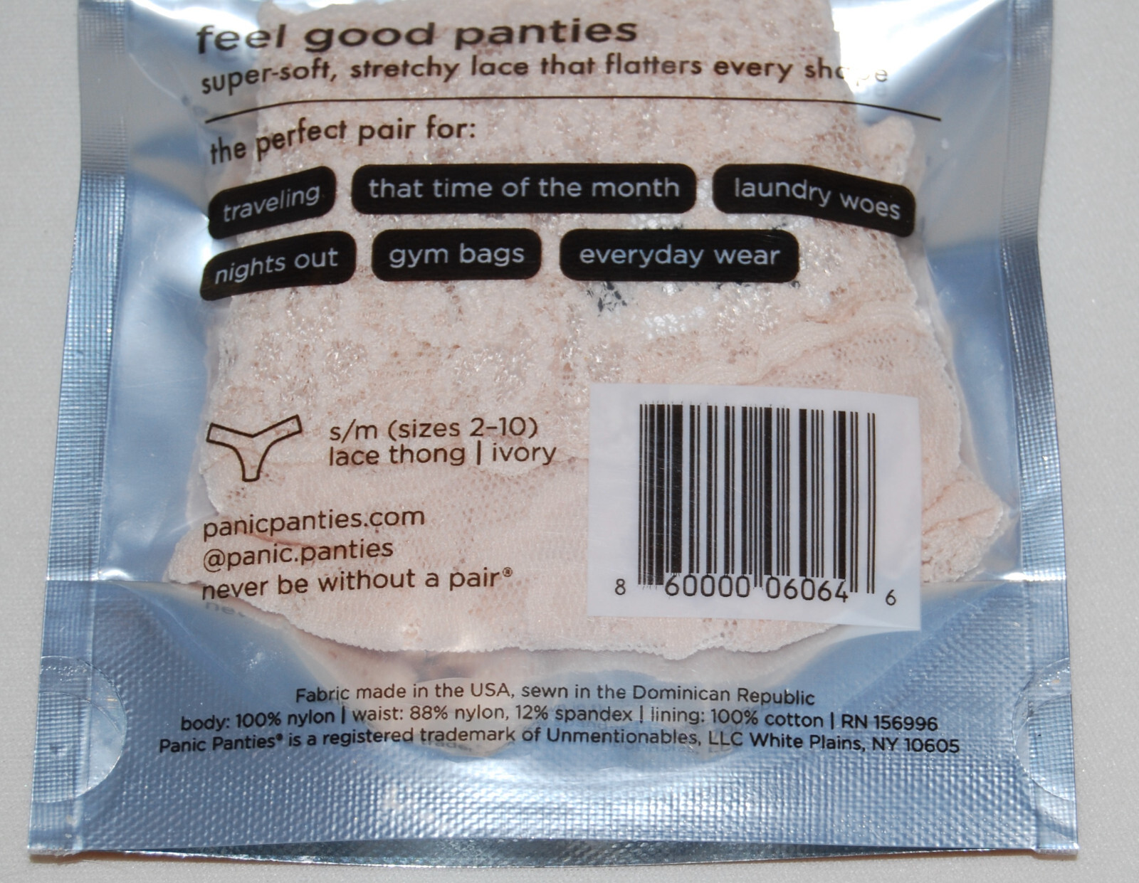 NWT Panic Panties Mid-Rise Ivory Lace Thong Underwear sz Small-Medium fits 2-10