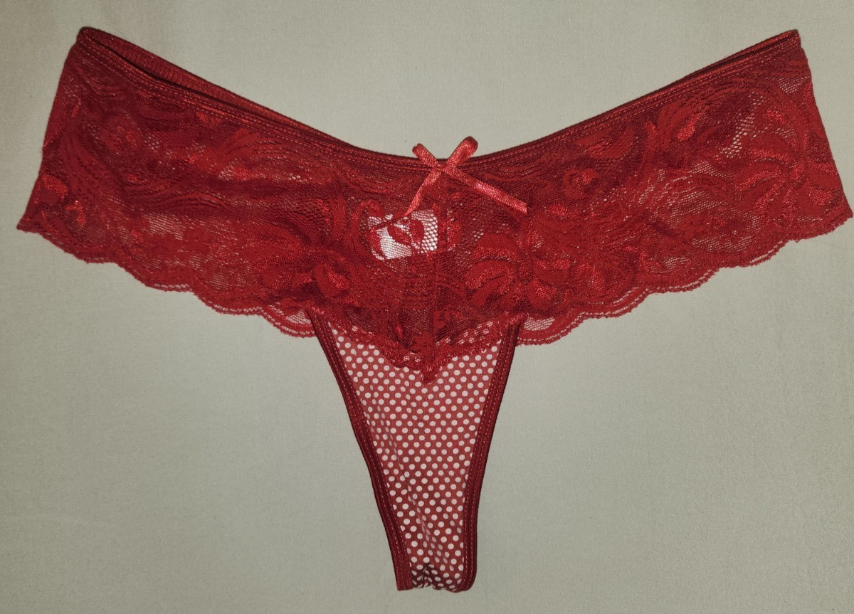 Sexy Red Lace Polka Dot Thong Panties • Bow Accent • Size L 12