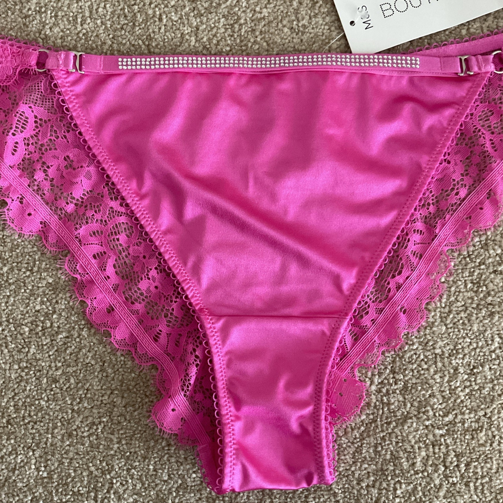 M&S Size 12 Boutique Aleksandra Satin Lace Brazilian Knickers Neon Pink Diamanté