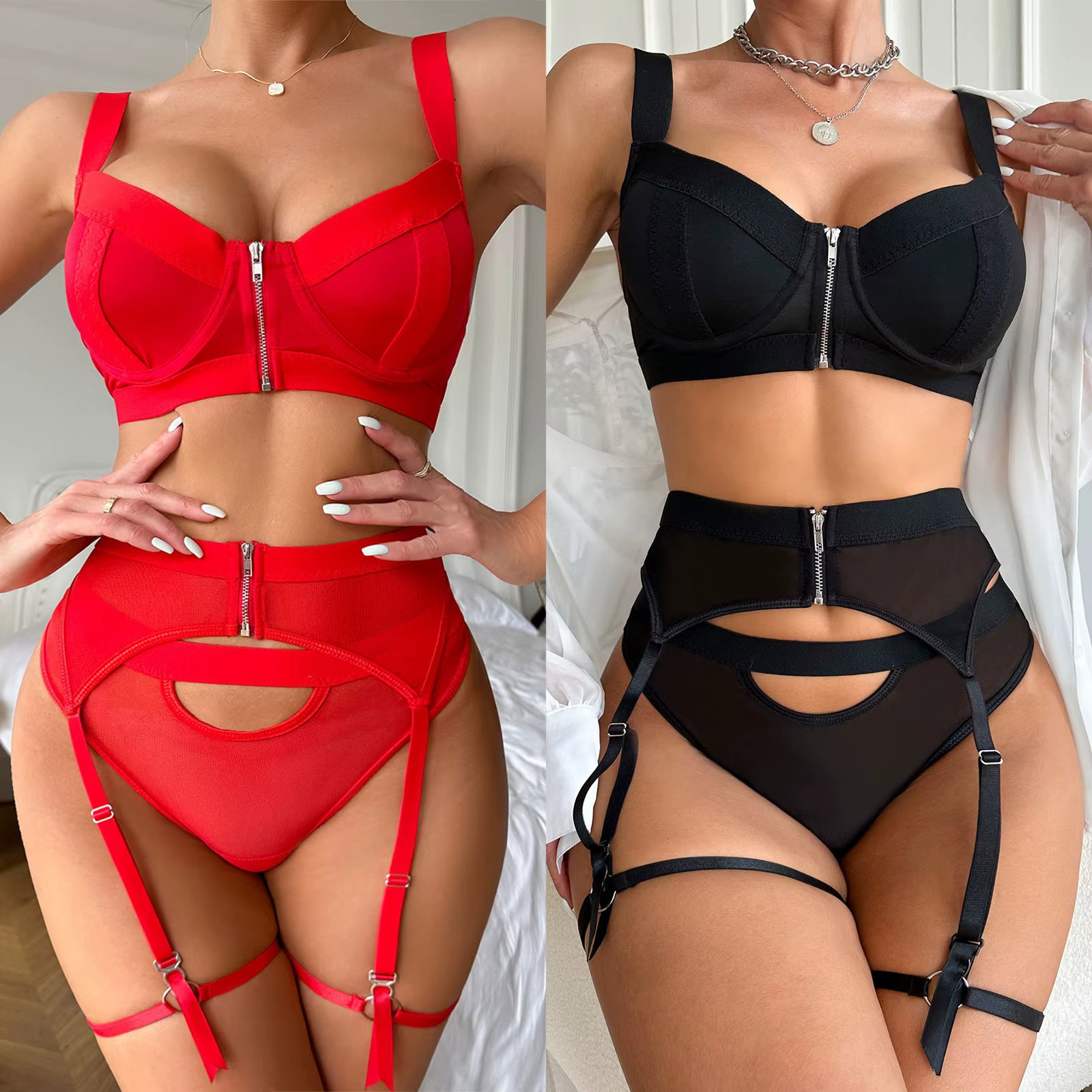 Seductive Plus Size 3-Piece Lingerie Set with Garter Belt and Bra