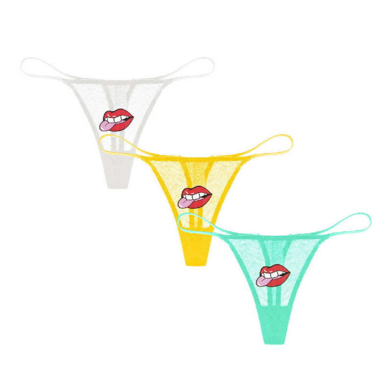 Women Lace Panties Sexy See Through Low-Rise G-string Lip Stickers Thong 3Pcs