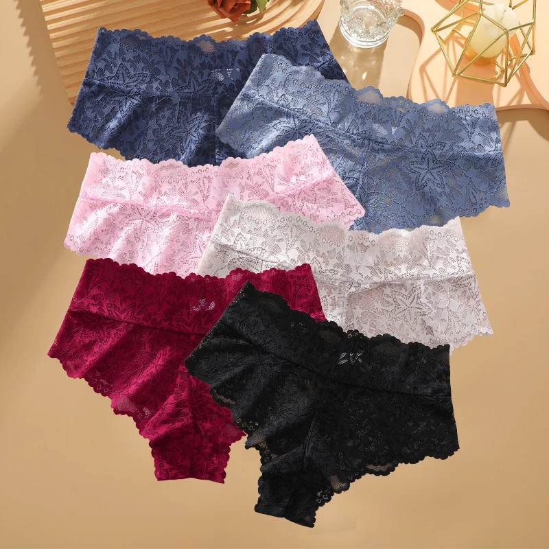High Waist Lace Panties Plus Size Seamless Women Breathable Underwear 6 Pcs