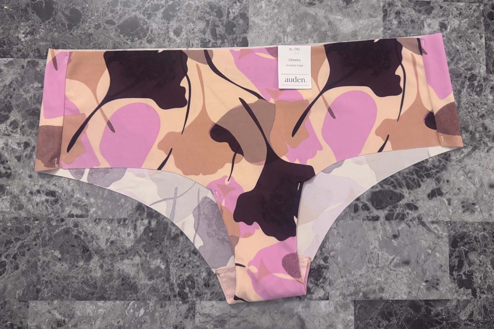 NWT AUDEN XL BEIGE LILAC BURGUNDY FLORAL INVISIBLE EDGE NO SHOW CHEEKY PANTIES