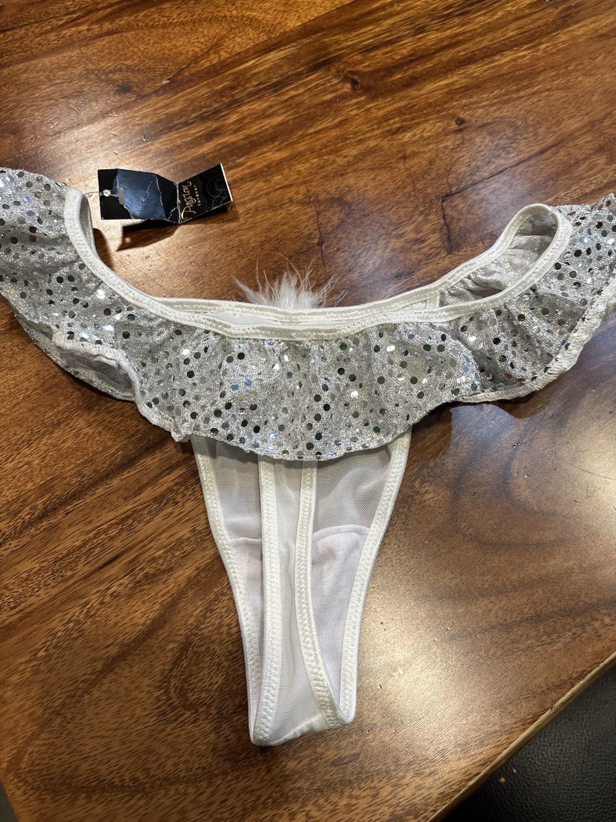 VTG Passion Forever Mesh Sequin Thong Medium Bling “SNOW BUNNY” White Sissy NWT