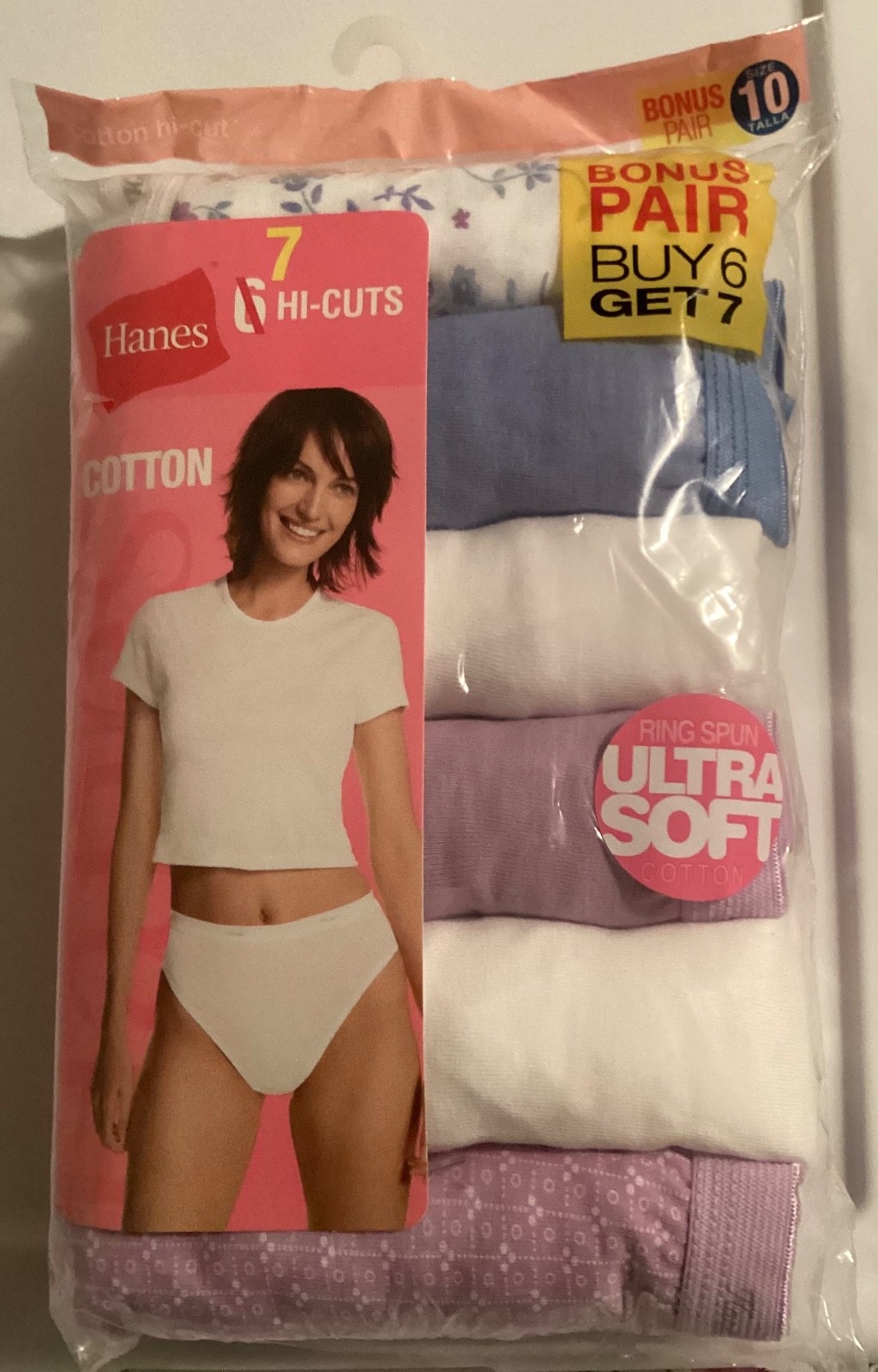 Hanes Underwear Panties 7 Pack Hi-Cuts 100% Cotton White Purple Blue Size 10