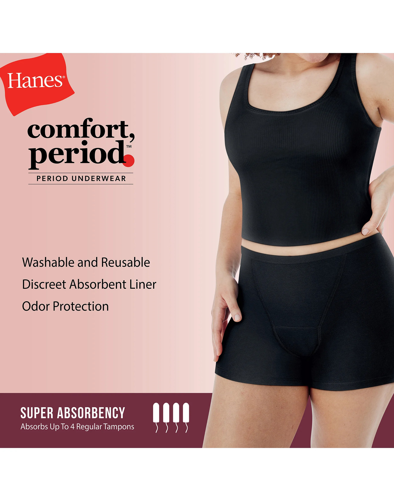 Hanes Comfort, Period. Women’s Boxer Brief Underwear, Super Leaks, 2-Pack