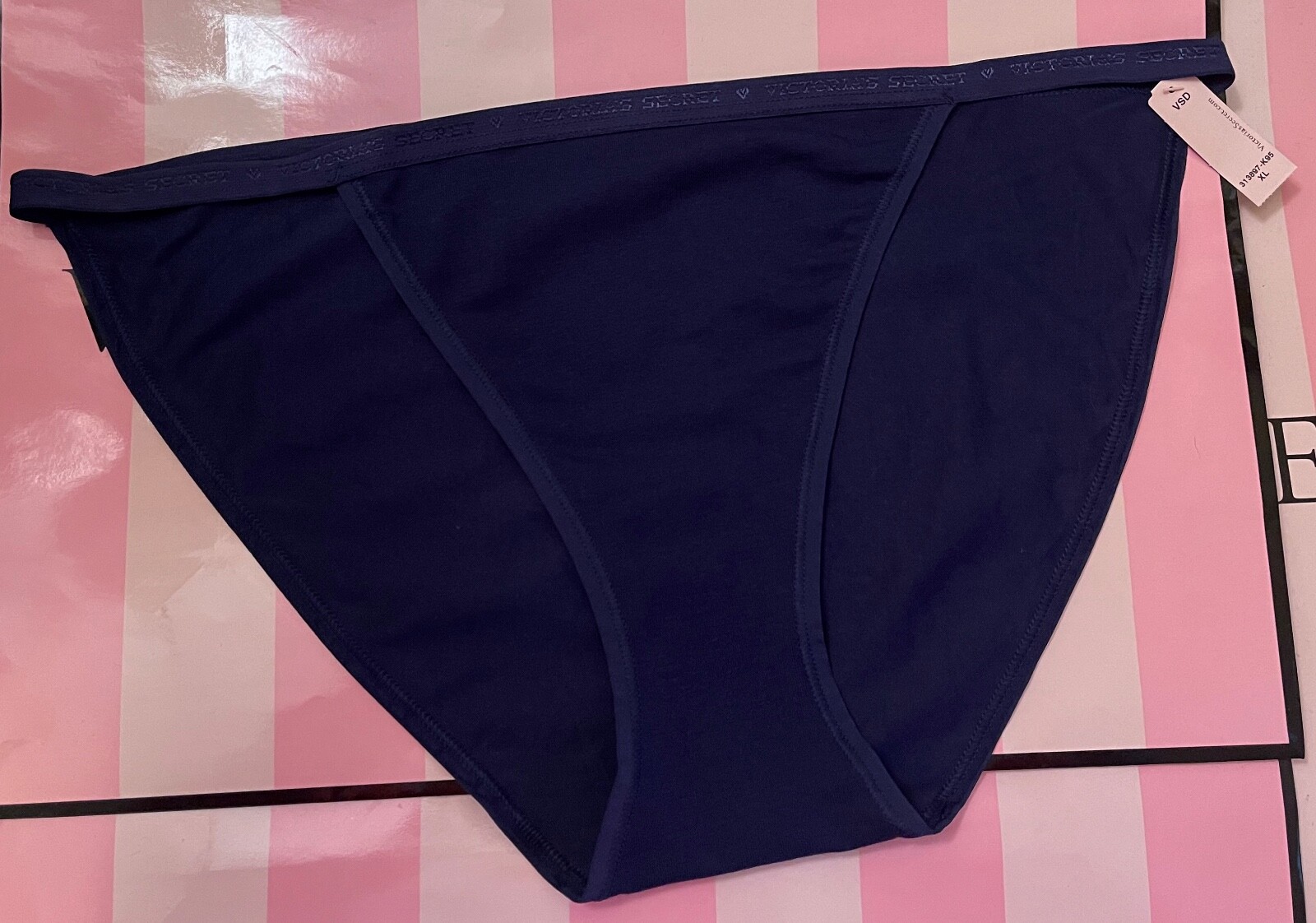 NWT VICTORIA’S SECRET XL NAVY BLUE PINK VS LOGO BAND RARE STRING BIKINI PANTIES