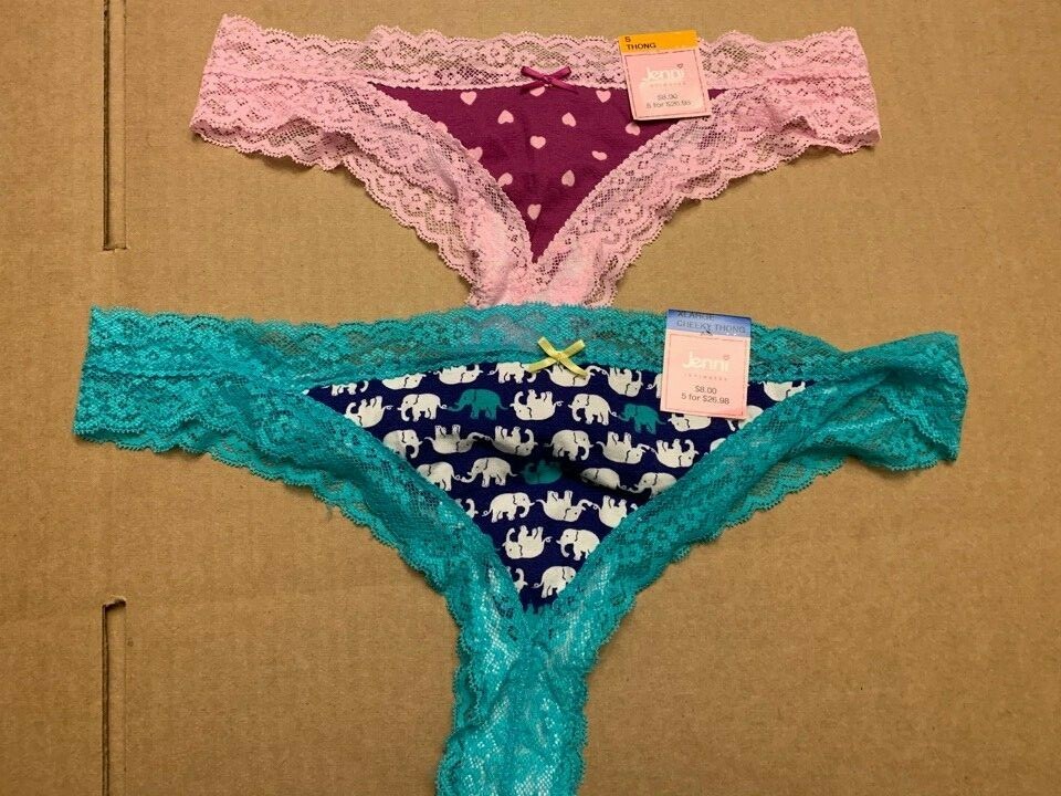 by Jennifer Moore Cheeky Lace-Trim Thong Heart Print, Elephant S, XL
