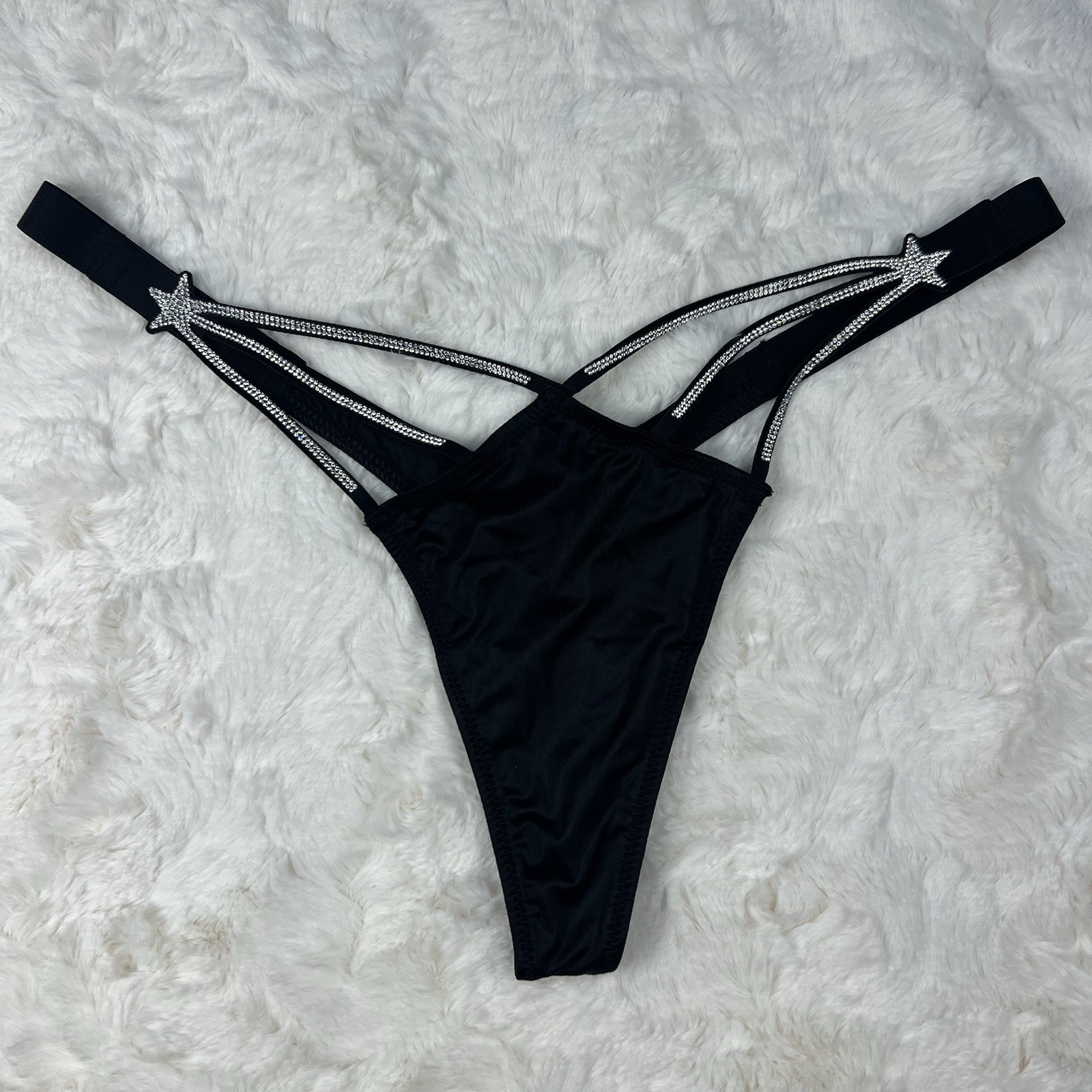 Victoria’s Secret Very Sexy High Leg Thong Panty Black Rhinestone Star Detail M